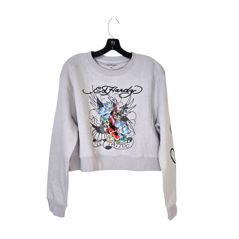 Ed Hardy Koi Fish Tattoo Signature Logo Crop Sweatshirt‎ Womens size XL